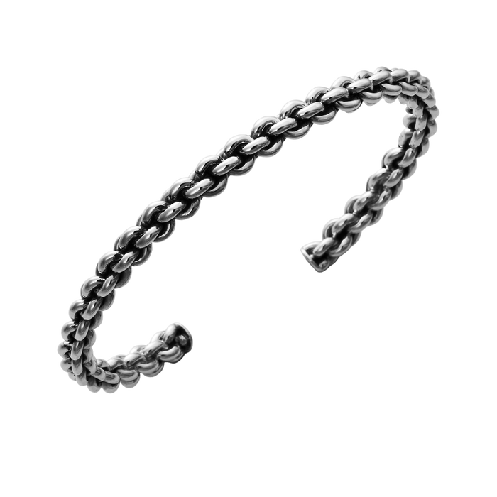 [full] - Braided sterling silver open cuff bangle with polished and oxidised details.