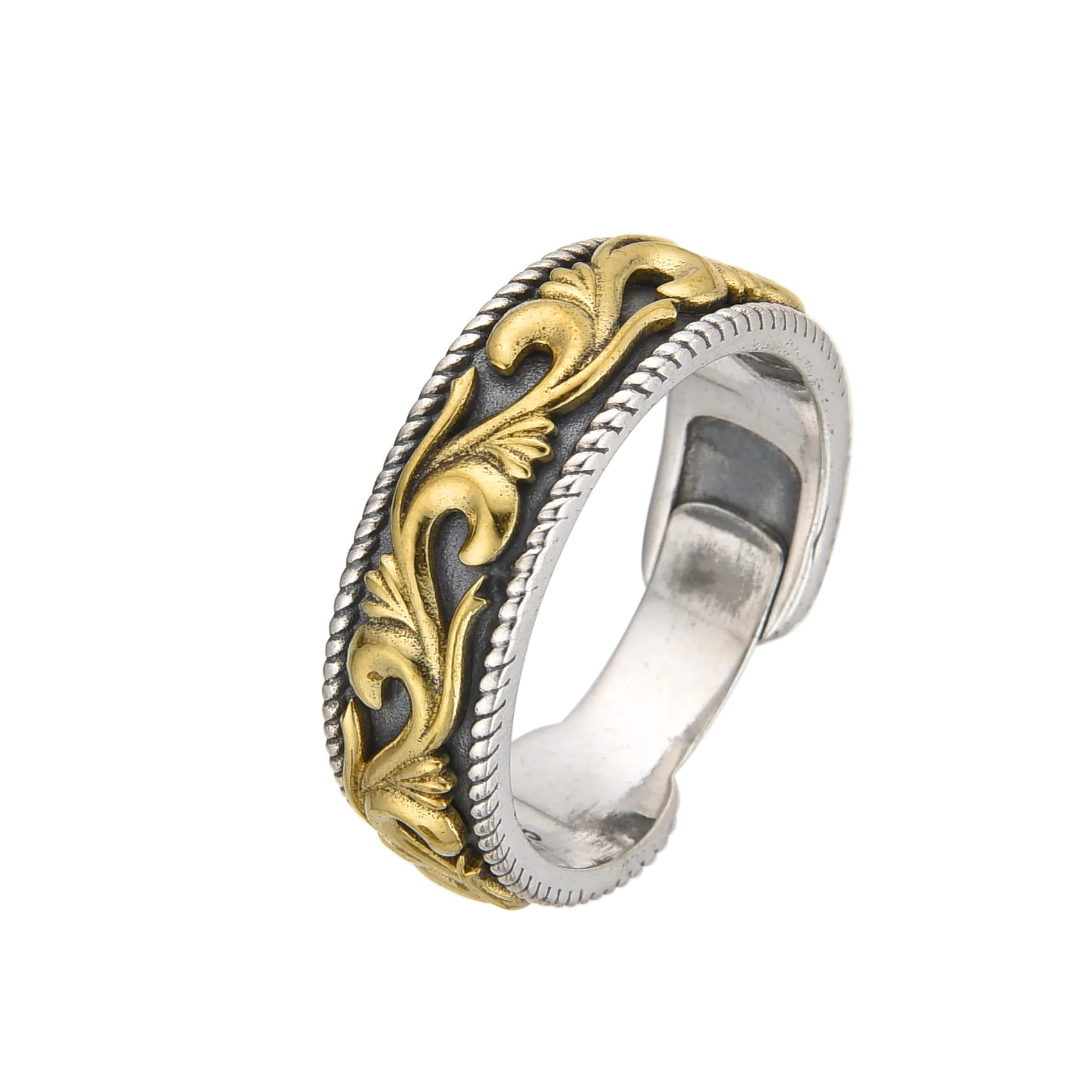 [full] Silver and gold ring with intricate design on a white background
