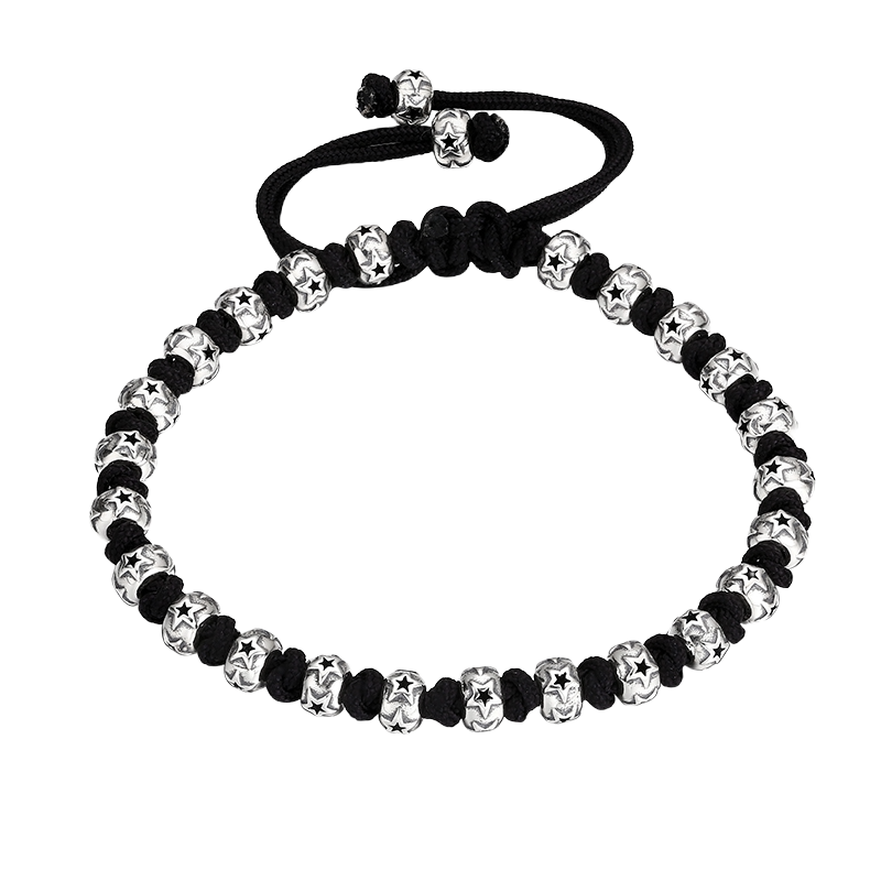 [full] - Sterling silver bracelet with star-engraved beads and black cord detailing.