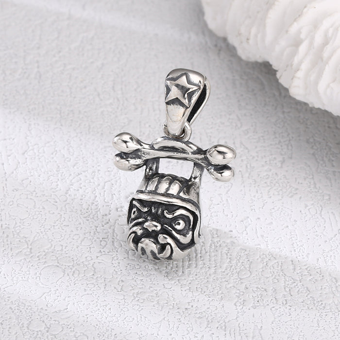 [full]- Sterling silver bulldog head pendant with helmet and crossbones detail.