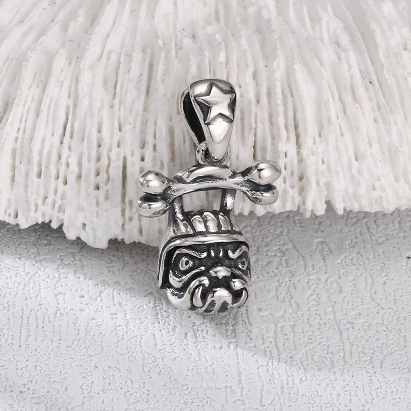 [full]- Sterling silver bulldog head pendant with helmet and crossbones detail.
