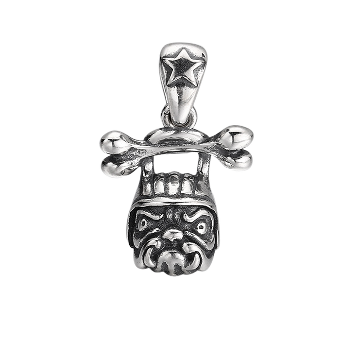 [full]- Sterling silver bulldog head pendant with helmet and crossbones detail.
