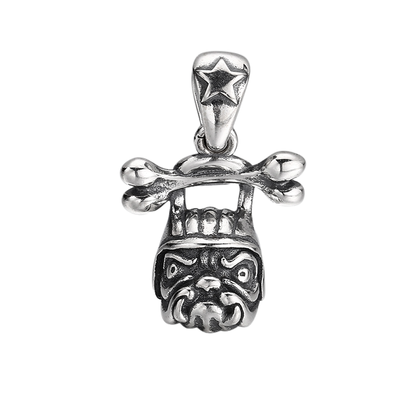 [full]- Sterling silver bulldog head pendant with helmet and crossbones detail.