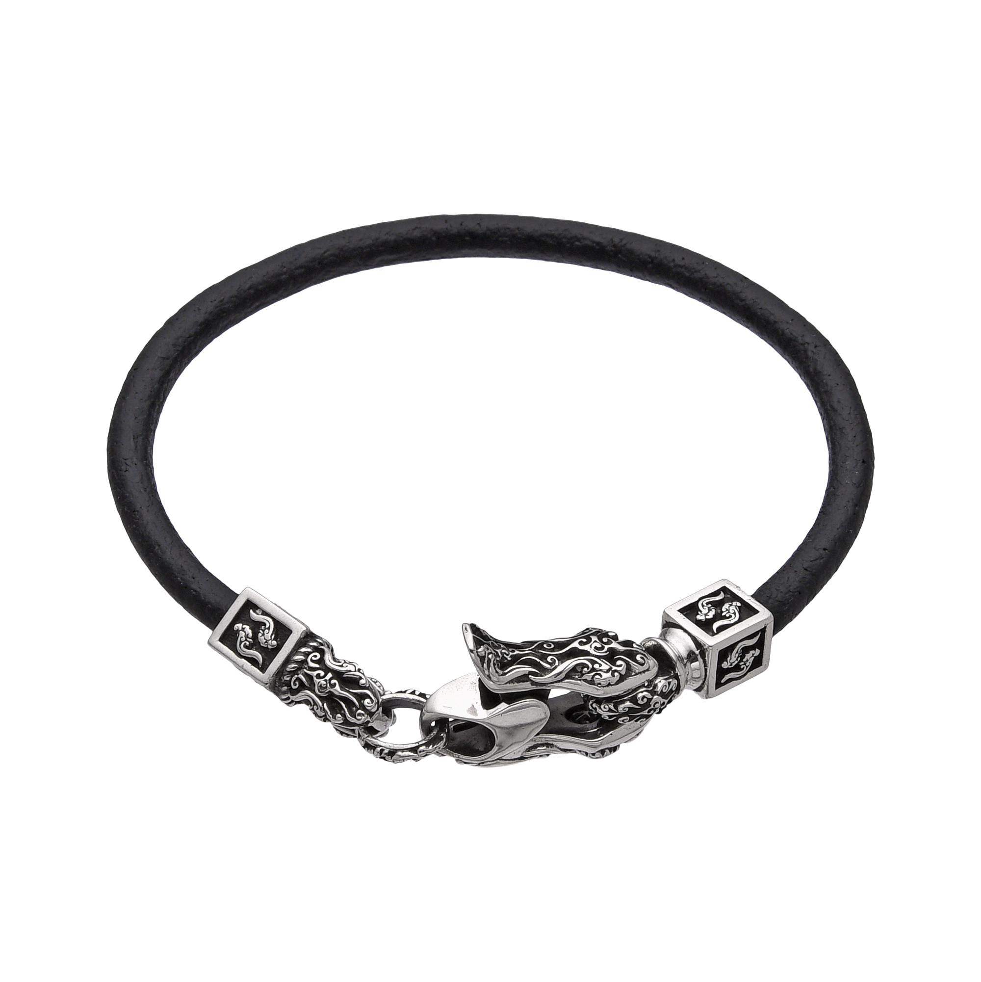 [full] - Black leather bracelet with detailed sterling silver dragon clasp and polished finish.