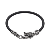 [full] - Black leather bracelet with detailed sterling silver dragon clasp and polished finish.