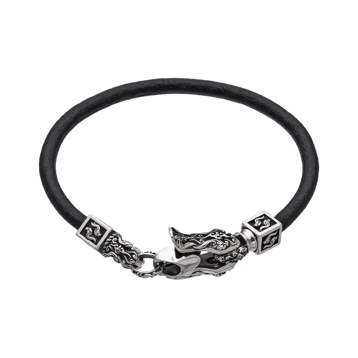 [full] - Black leather bracelet with detailed sterling silver dragon clasp and polished finish.
