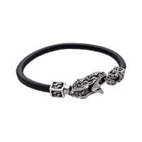[full] - Black leather bracelet with detailed sterling silver dragon clasp and polished finish.