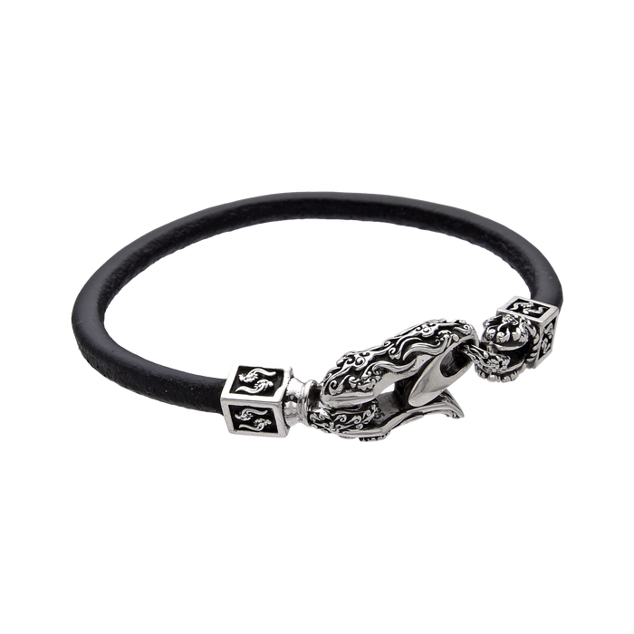[full] - Black leather bracelet with detailed sterling silver dragon clasp and polished finish.