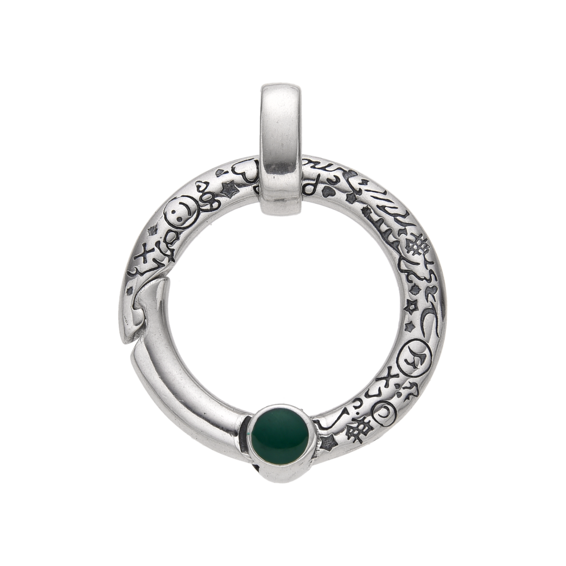 [full]- Sterling silver round pendant with engraved symbols and green stone detail.