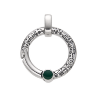 [full]- Sterling silver round pendant with engraved symbols and green stone detail.
