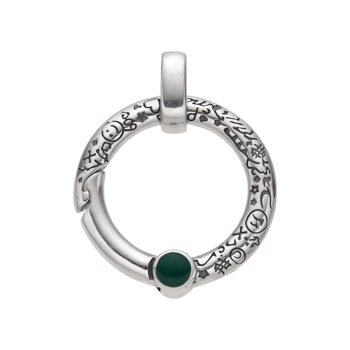 [full]- Sterling silver round pendant with engraved symbols and green stone detail.