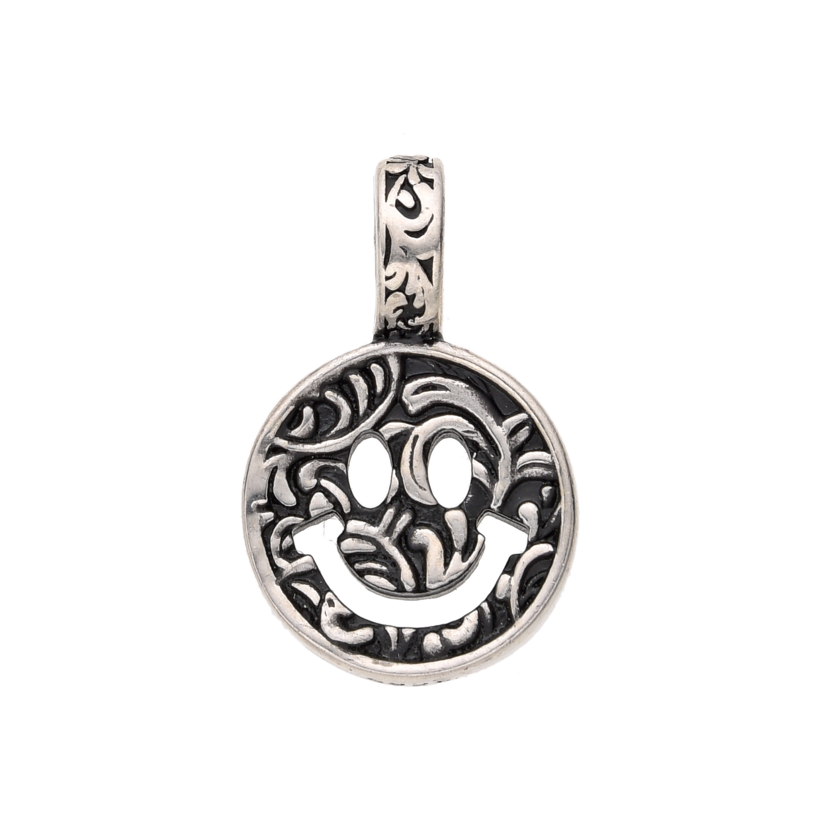 [full] Floral-engraved sterling silver pendant in the shape of a smiley face.