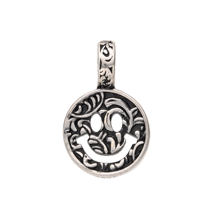 [full] Floral-engraved sterling silver pendant in the shape of a smiley face.