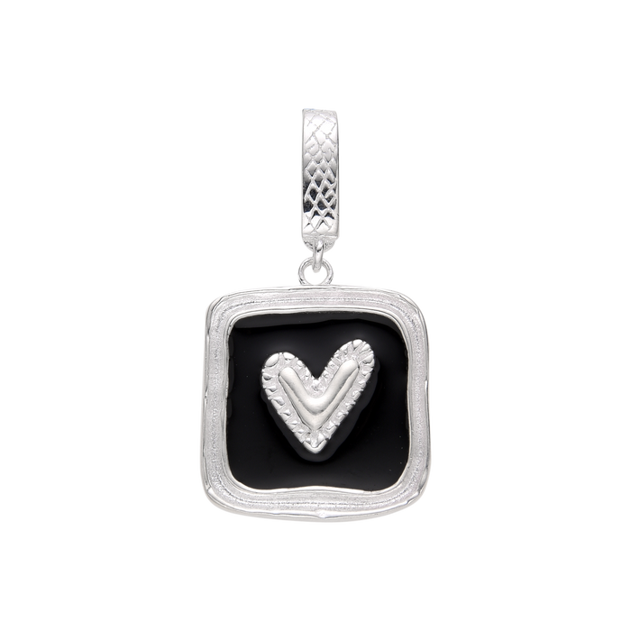 [full] Sterling silver pendant with black resin inlay and raised heart detail.