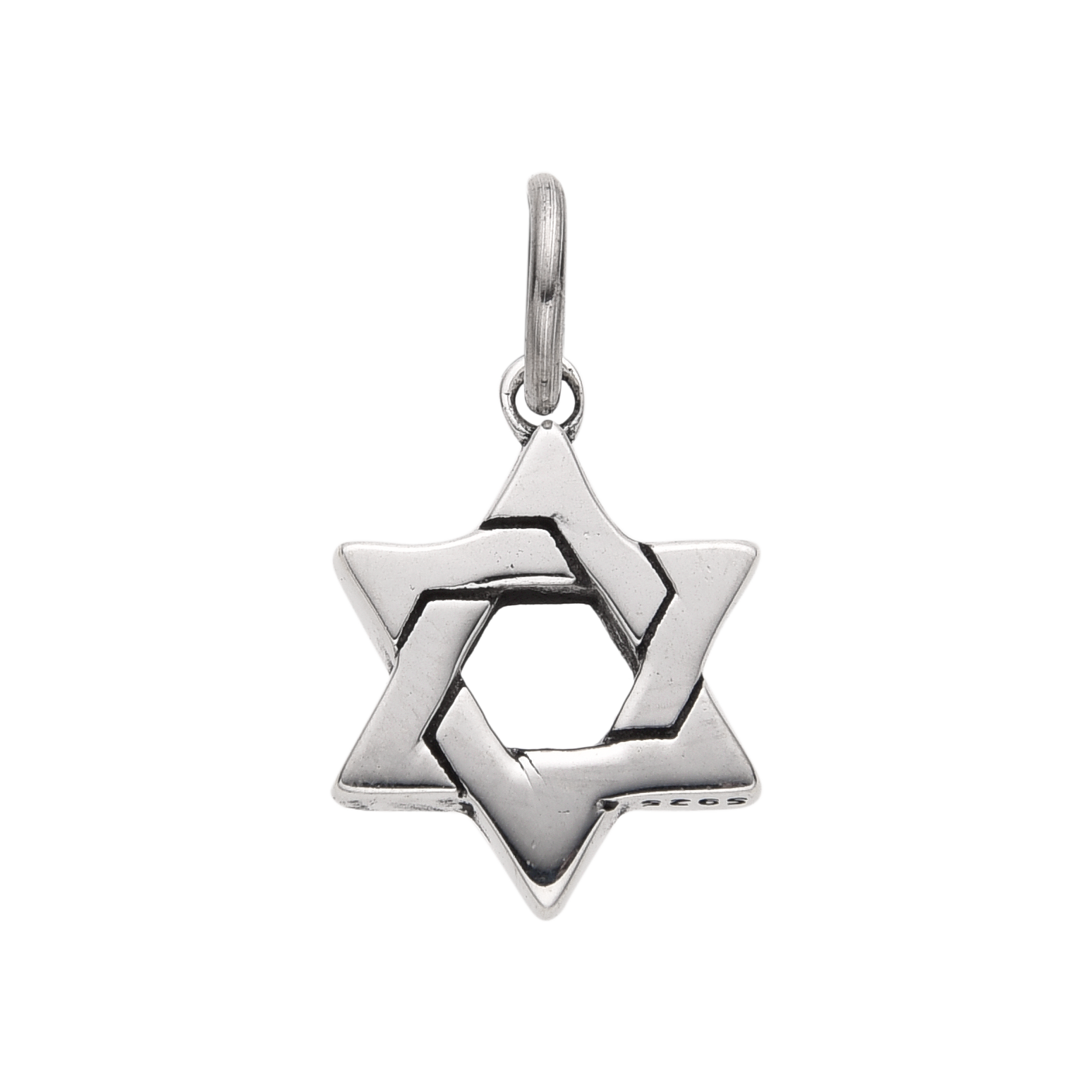 [full] Sterling silver pendant with a geometric interlocking star design.