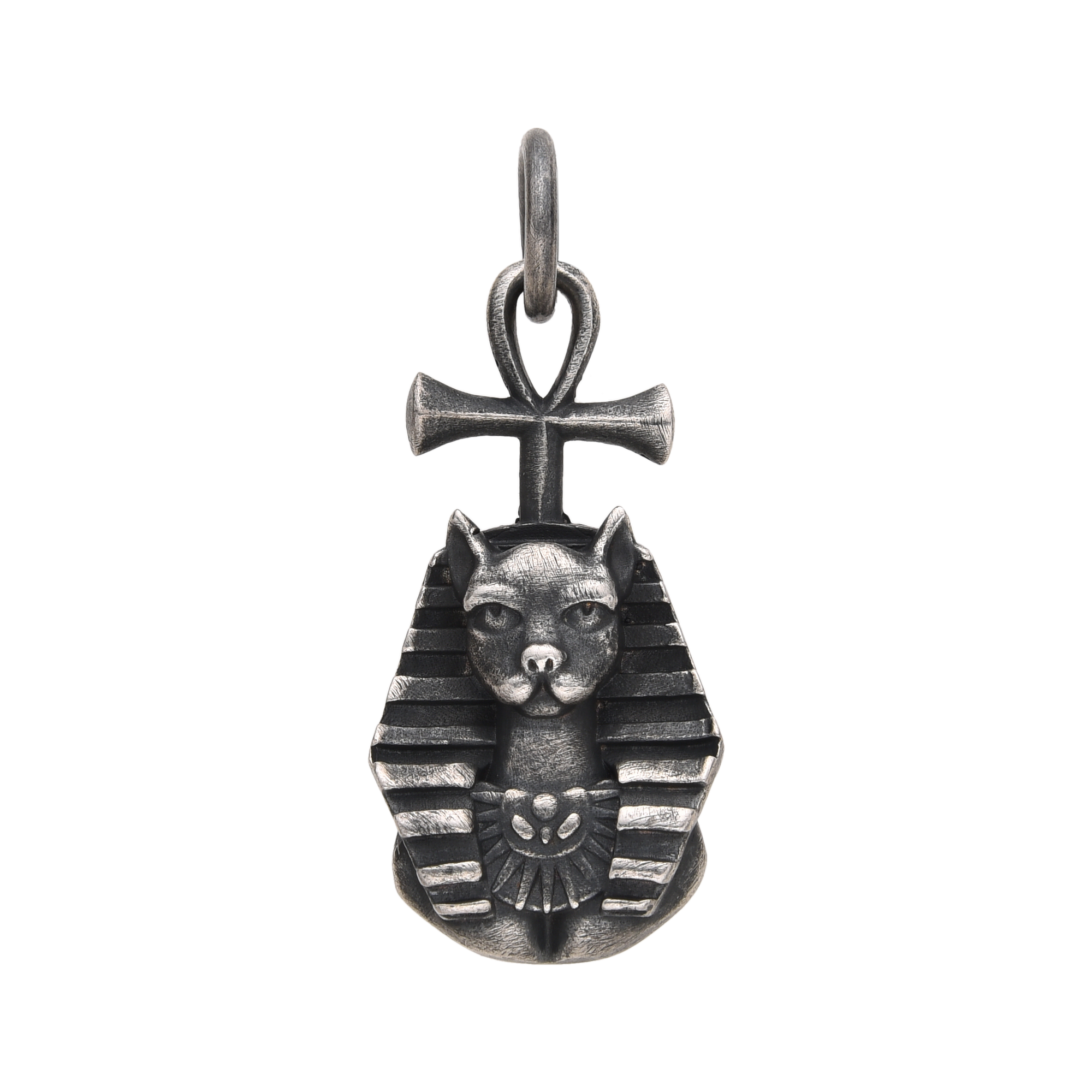 [full] Pendant in sterling silver with a cat head and Ankh symbol.