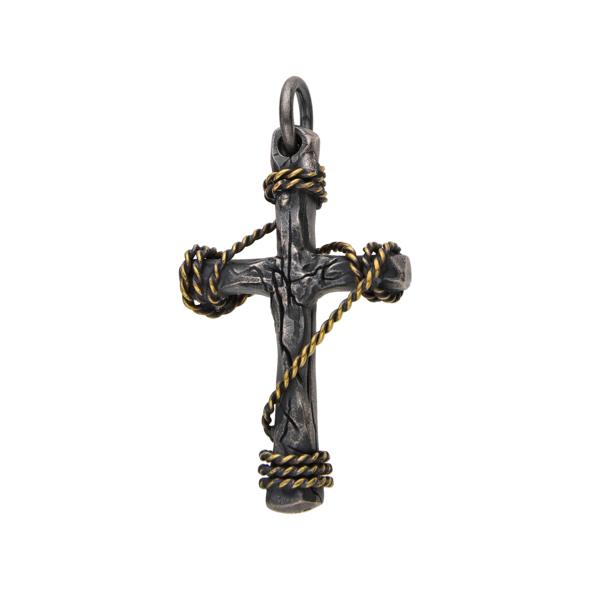 [full] - Sterling silver cross pendant with twisted gold wire and antique finish.