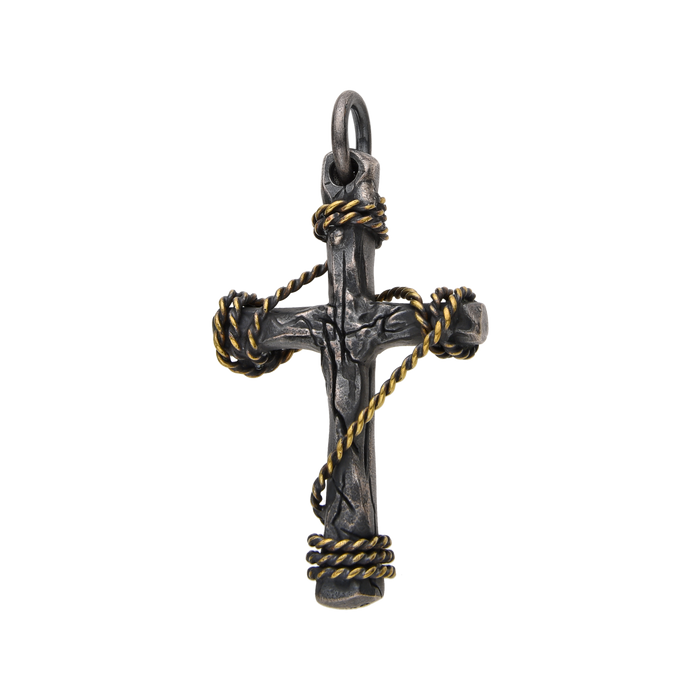 [full] - Sterling silver cross pendant with twisted gold wire and antique finish.