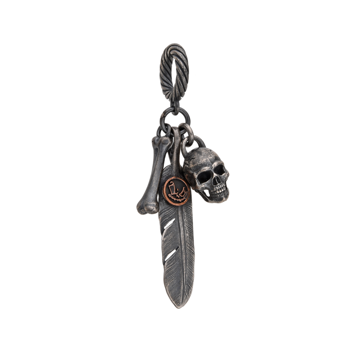 [full] – Sterling silver charm pendant with skull, feather, and bone
