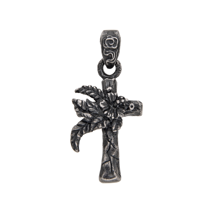 [full]- Sterling silver floral cross pendant with raised botanical detailing and oxidized finish.