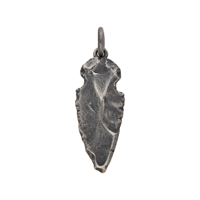 [full]- Sterling silver flint arrowhead pendant with rugged texture and oxidized finish.