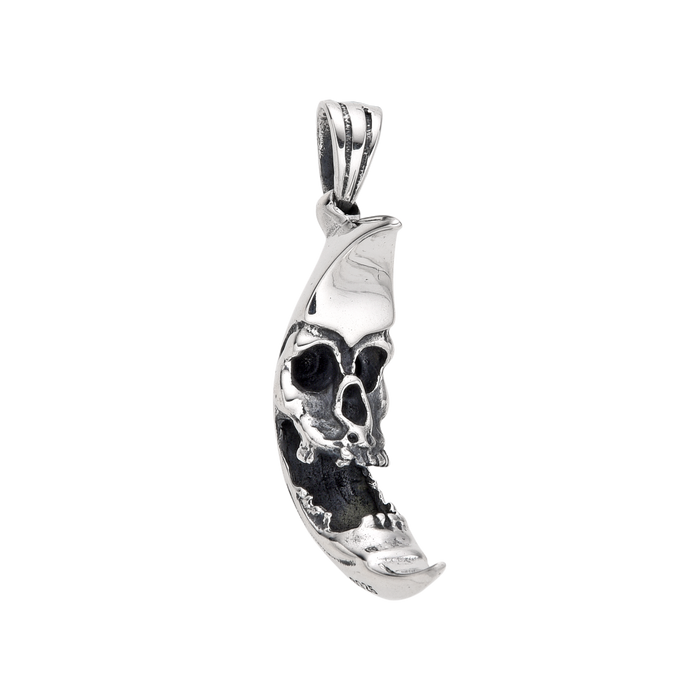 [full] Sterling silver crescent moon pendant with a sculpted skull design.