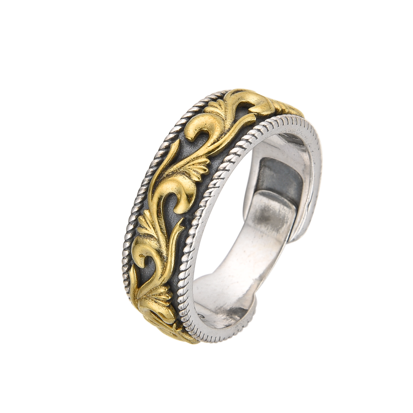 [full] Silver and gold ring with intricate design on a white background