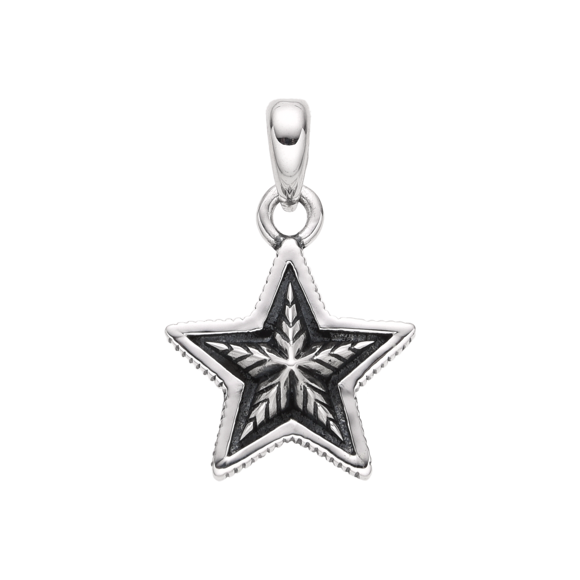 [full] Sterling silver pendant with a five-pointed star and oxidised details.