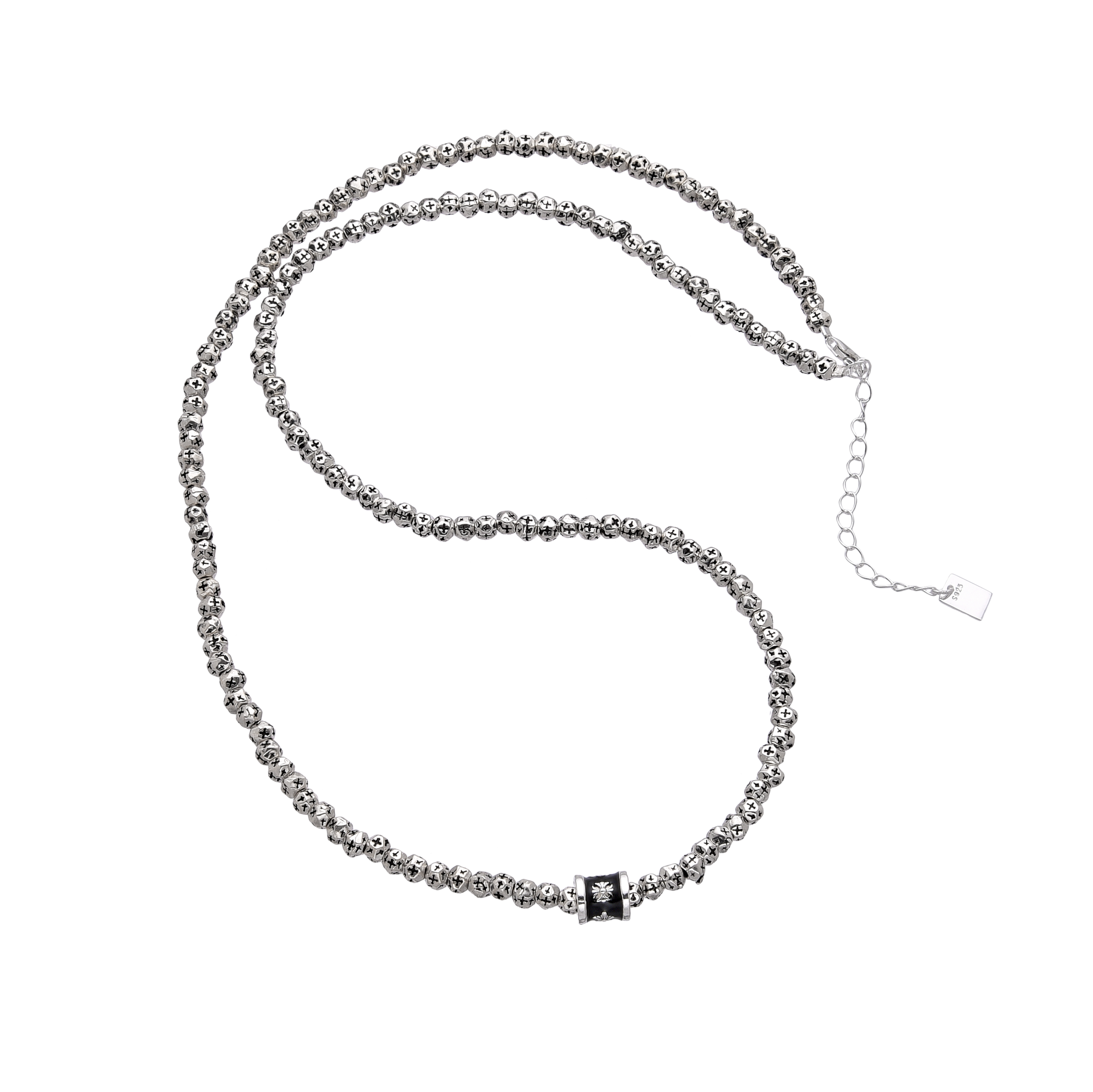 [full] - Sterling silver beaded necklace with a star-like shine and a centerpiece charm.