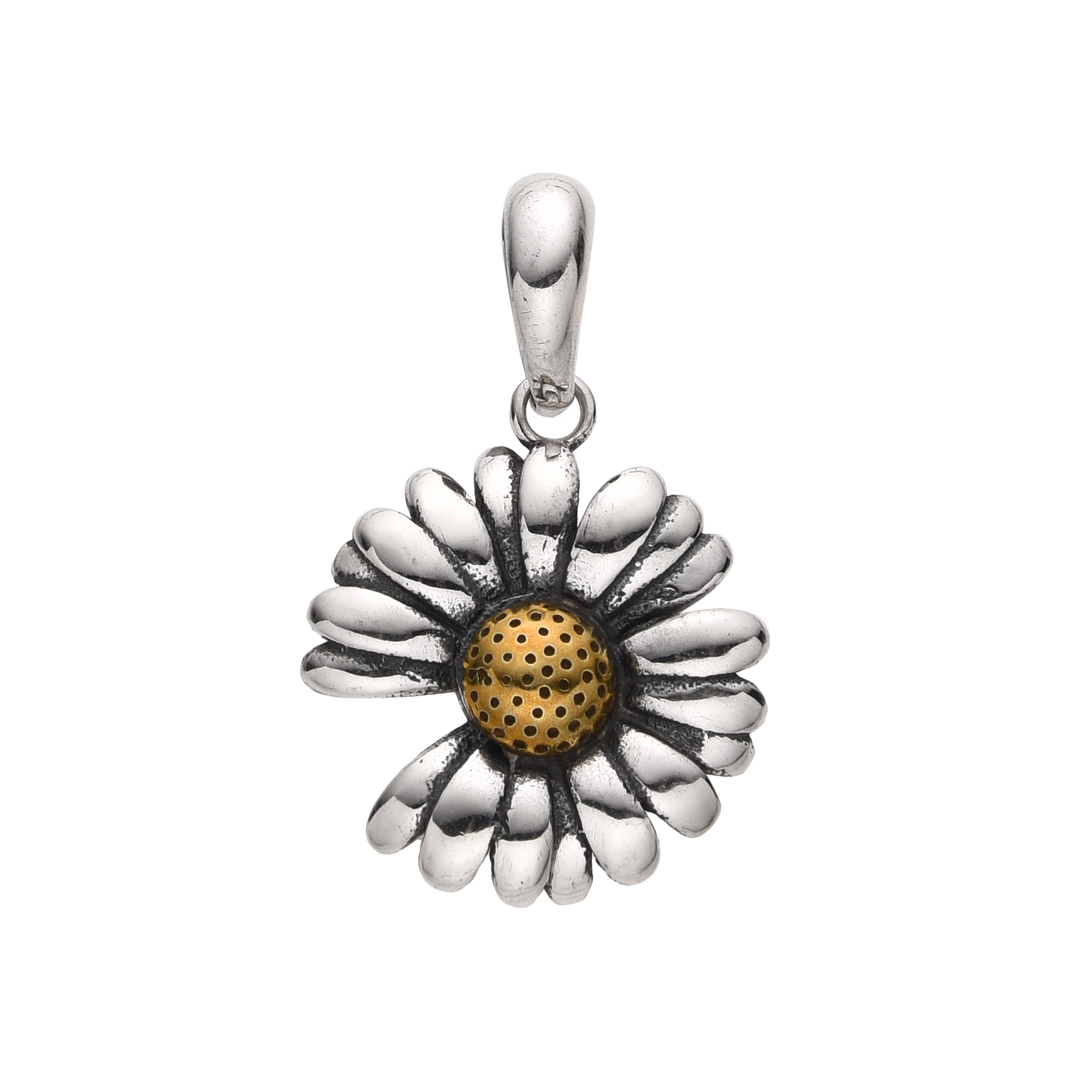 [full] – Sterling silver daisy pendant with oxidised petals and gold center