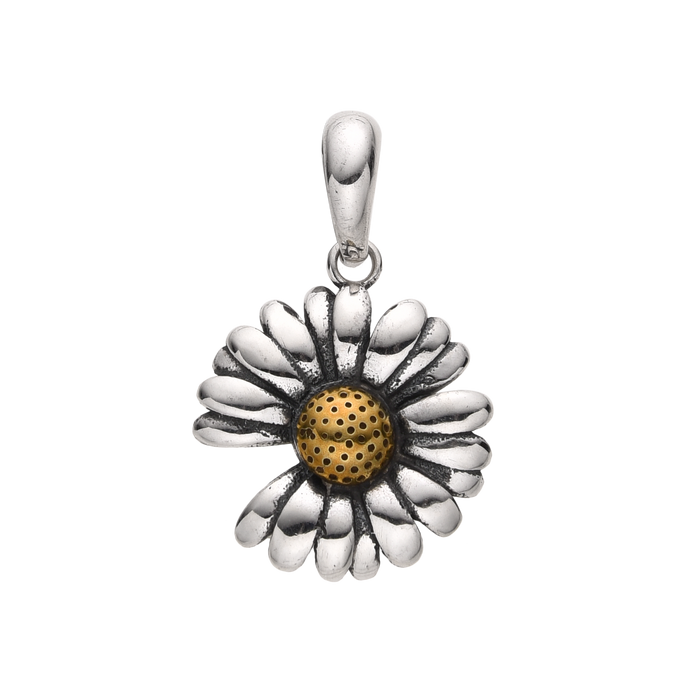 [full] – Sterling silver daisy pendant with oxidised petals and gold center