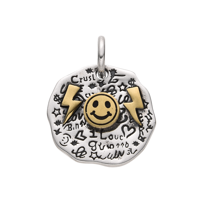 [full] Sterling silver pendant with a gold smiley face and lightning bolt details.