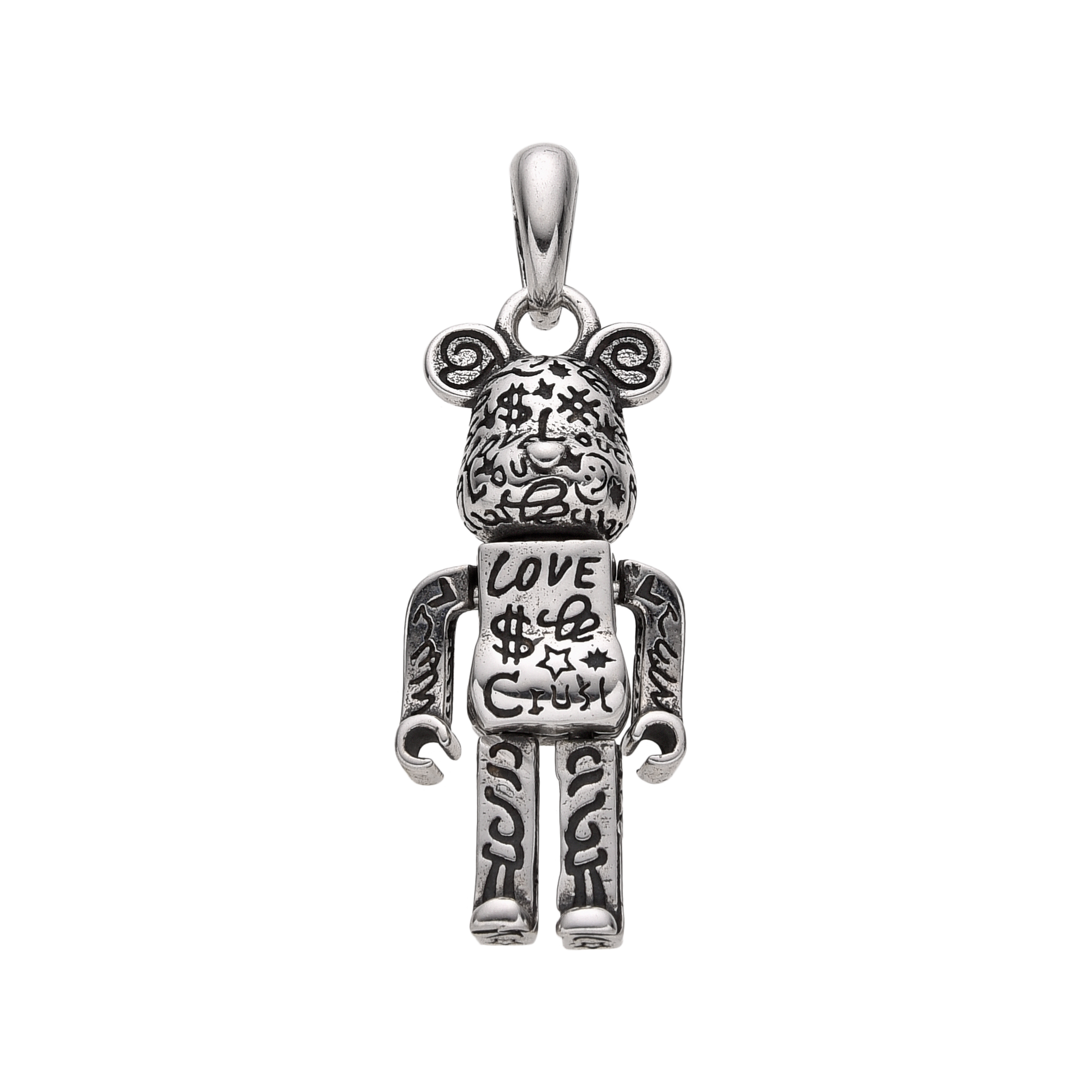 [full]- Sterling silver bear pendant with graffiti engraving and matte oxidized finish.