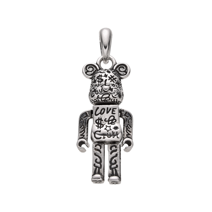 [full]- Sterling silver bear pendant with graffiti engraving and matte oxidized finish.