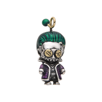 [full] Sterling silver Joker-style pendant with green hair, purple coat, and gold accents.