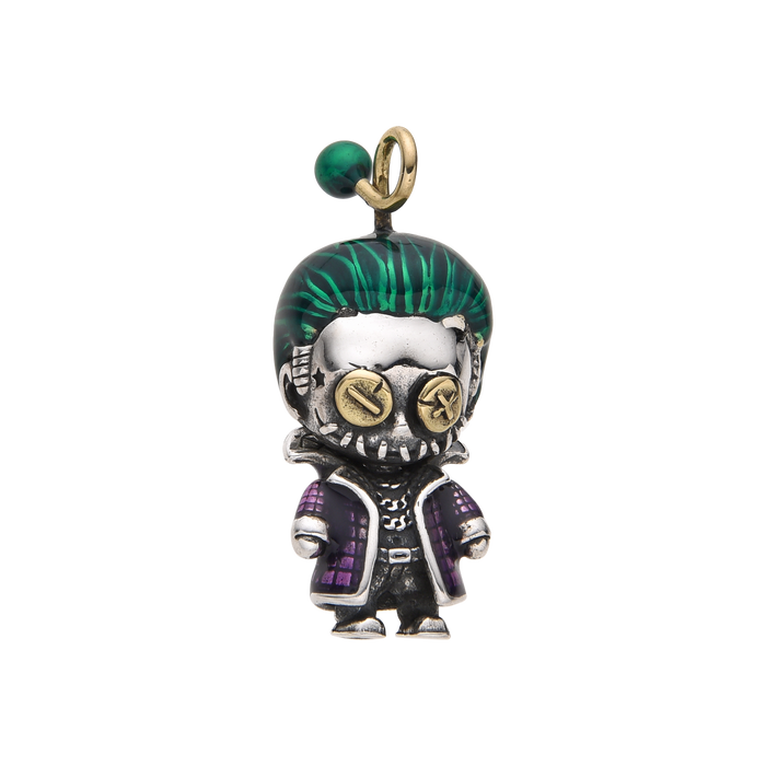[full] Sterling silver Joker-style pendant with green hair, purple coat, and gold accents.