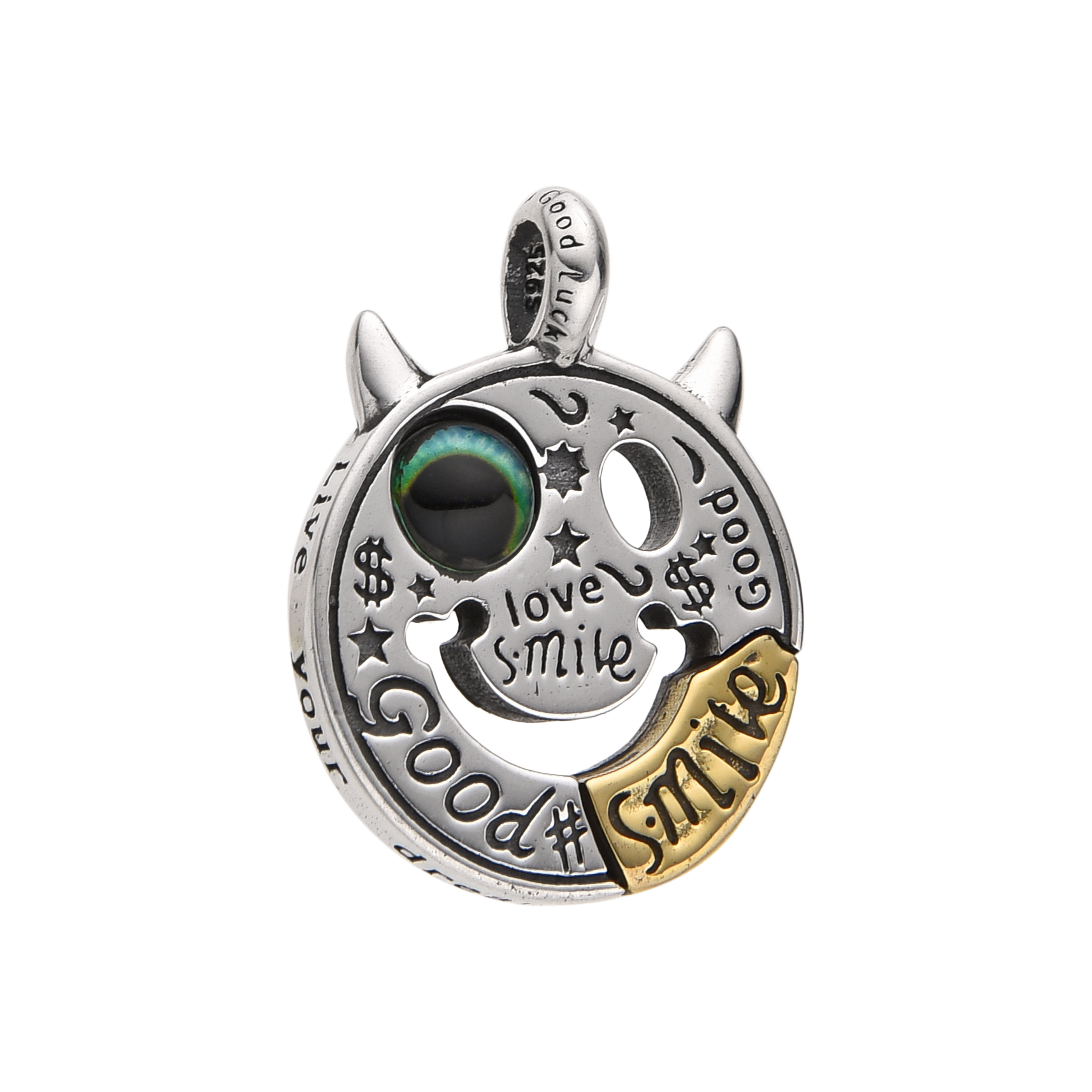 [full]- Sterling silver smiley face pendant with multicolor eye and gold-tone accent.