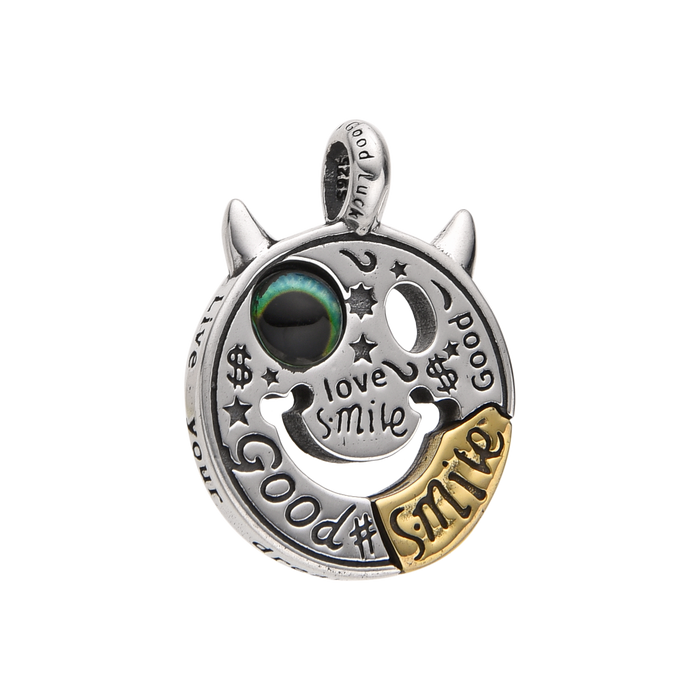 [full]- Sterling silver smiley face pendant with multicolor eye and gold-tone accent.