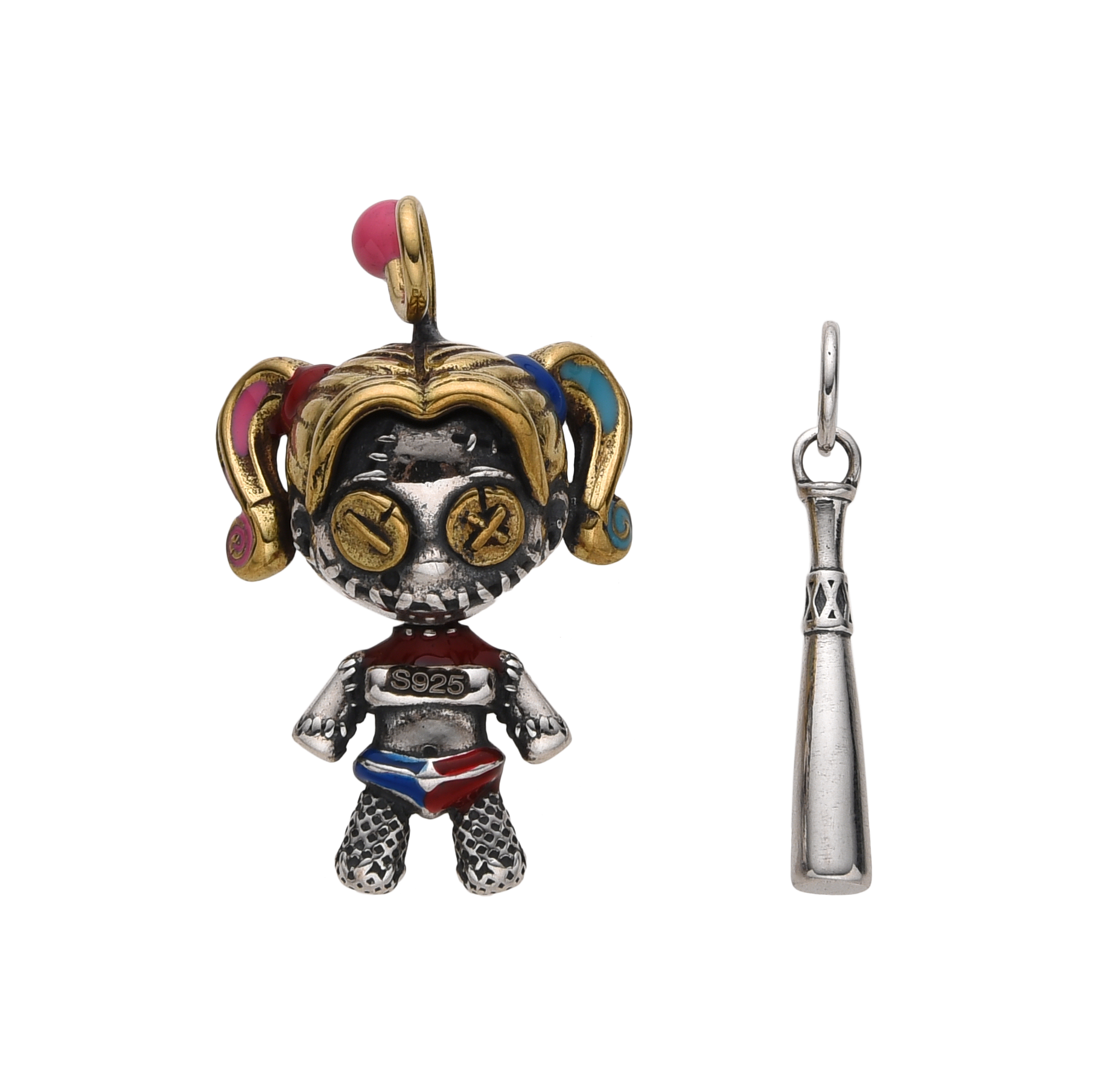 [full] Sterling silver Harley Quinn-style pendant with pigtails, enamel colors, and bat charm.