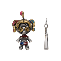 [full] Sterling silver Harley Quinn-style pendant with pigtails, enamel colors, and bat charm.