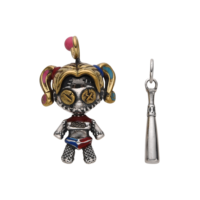 [full] Sterling silver Harley Quinn-style pendant with pigtails, enamel colors, and bat charm.