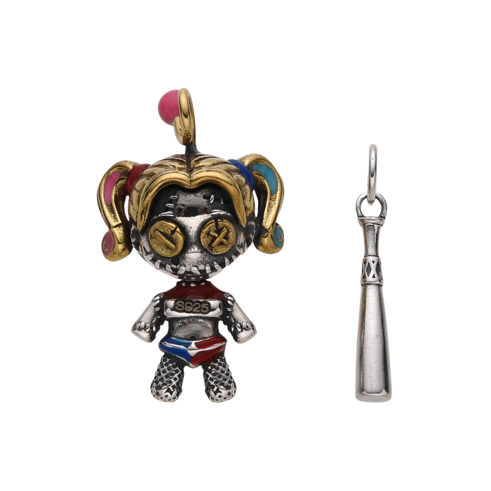 [full] Sterling silver Harley Quinn-style pendant with pigtails, enamel colors, and bat charm.