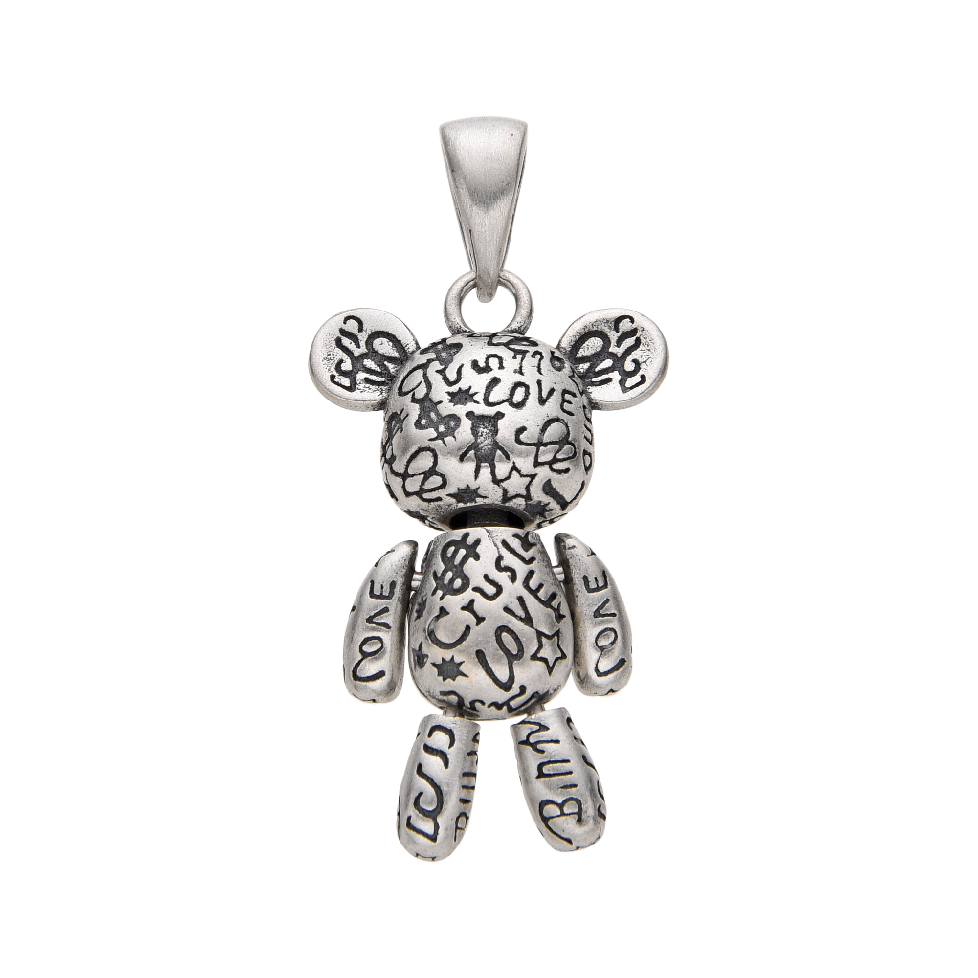 [full] - Sterling silver bear pendant with graffiti engraving and oxidised finish.