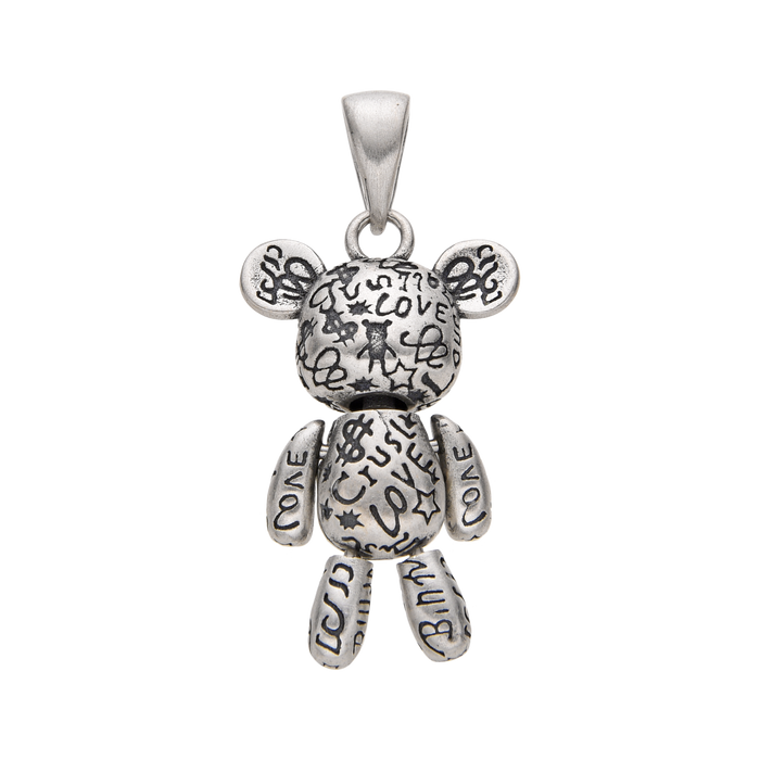[full] - Sterling silver bear pendant with graffiti engraving and oxidised finish.