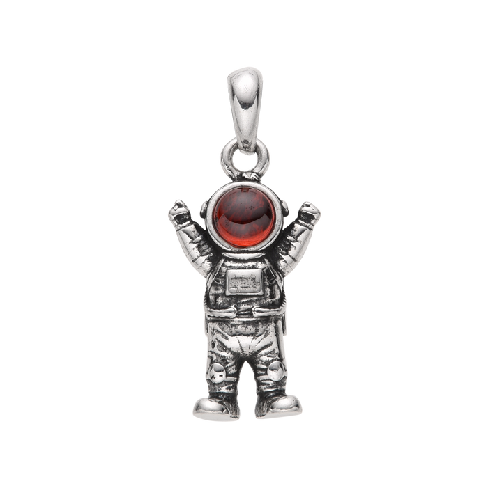 [full] Naut sterling silver pendant with an astronaut figure and red gemstone helmet.