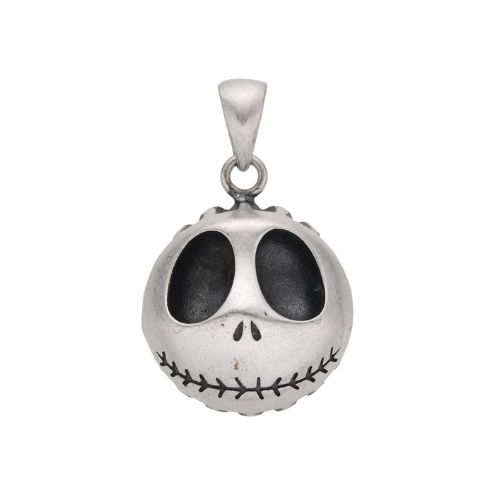 [full] Sterling silver pendant with swirling engraved texture in smiley face shape.