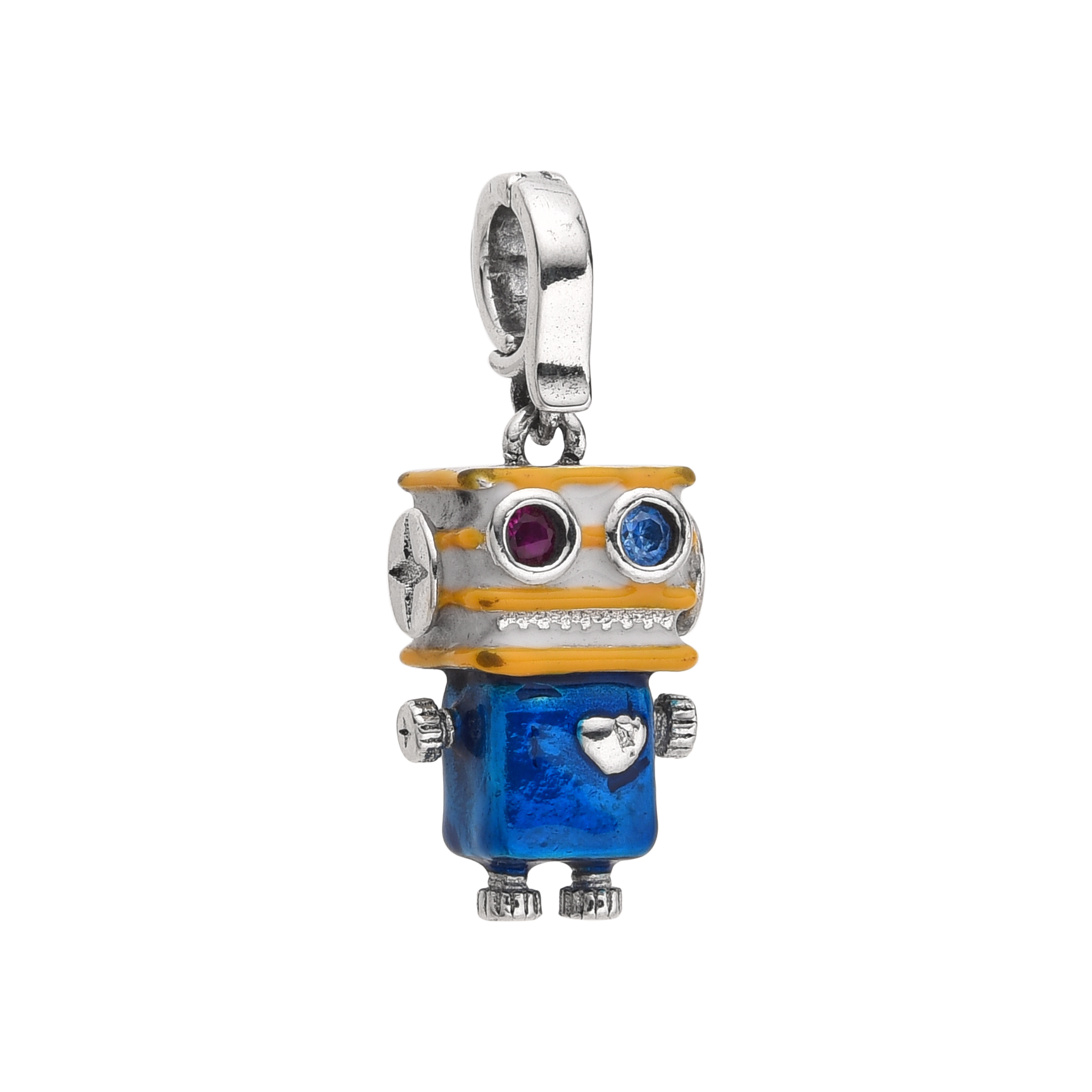 [full] – Sterling silver robot pendant with yellow, blue, and red resin details