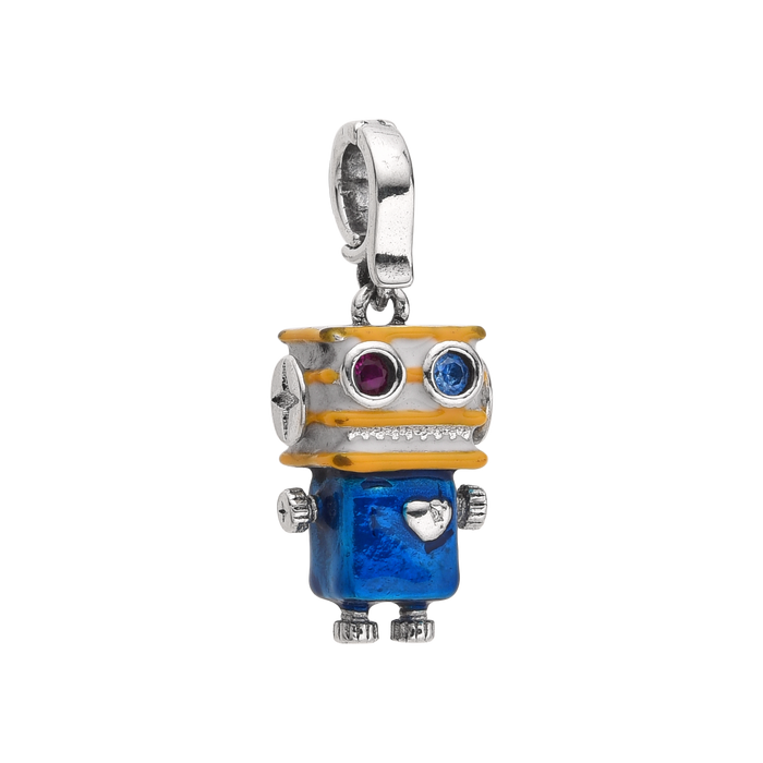 [full] – Sterling silver robot pendant with yellow, blue, and red resin details