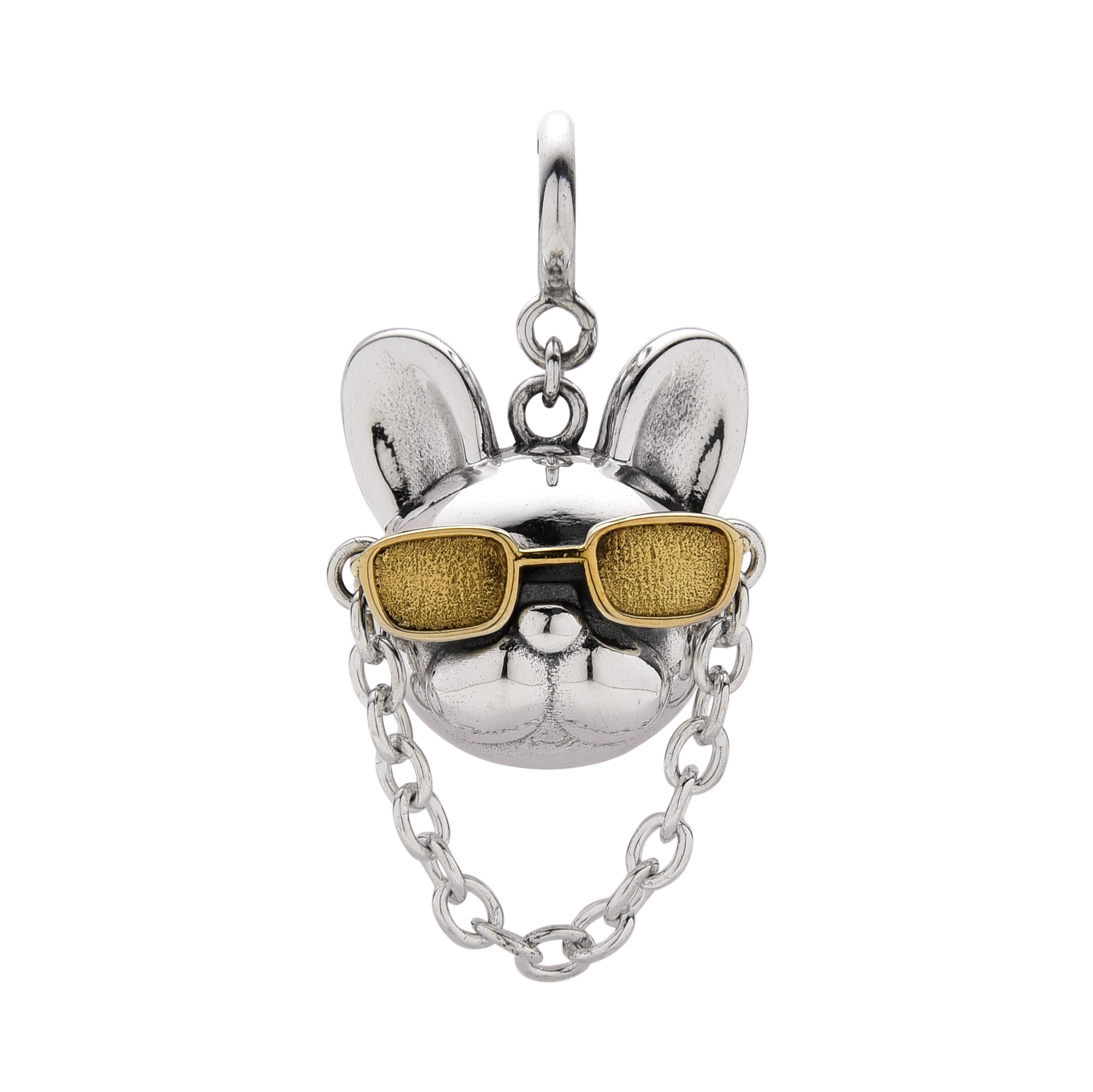 [full] Pendant in sterling silver with bulldog head and golden sunglasses.