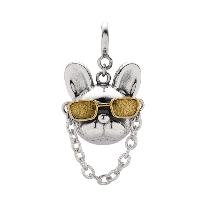 [full] Pendant in sterling silver with bulldog head and golden sunglasses.